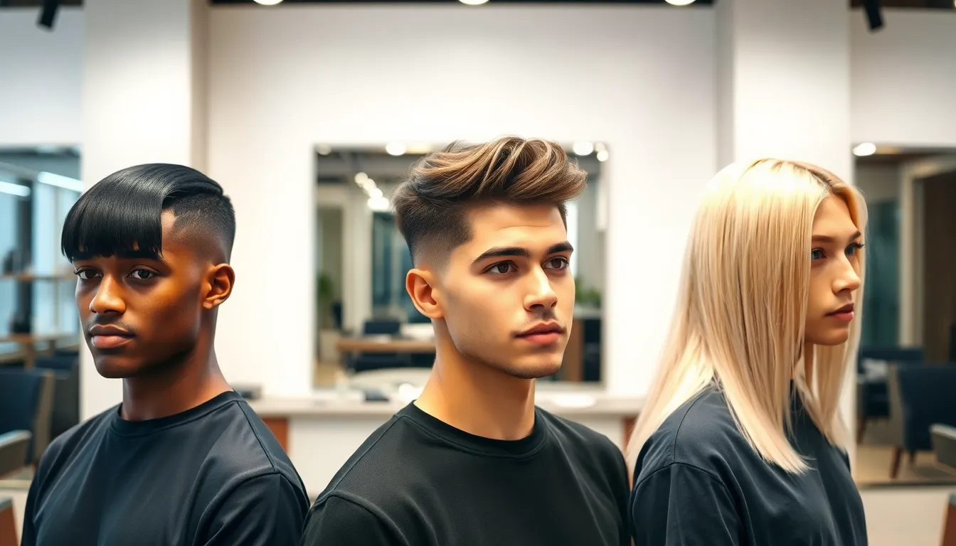 Three young men in a barbershop with straight hair mid fade tapers.