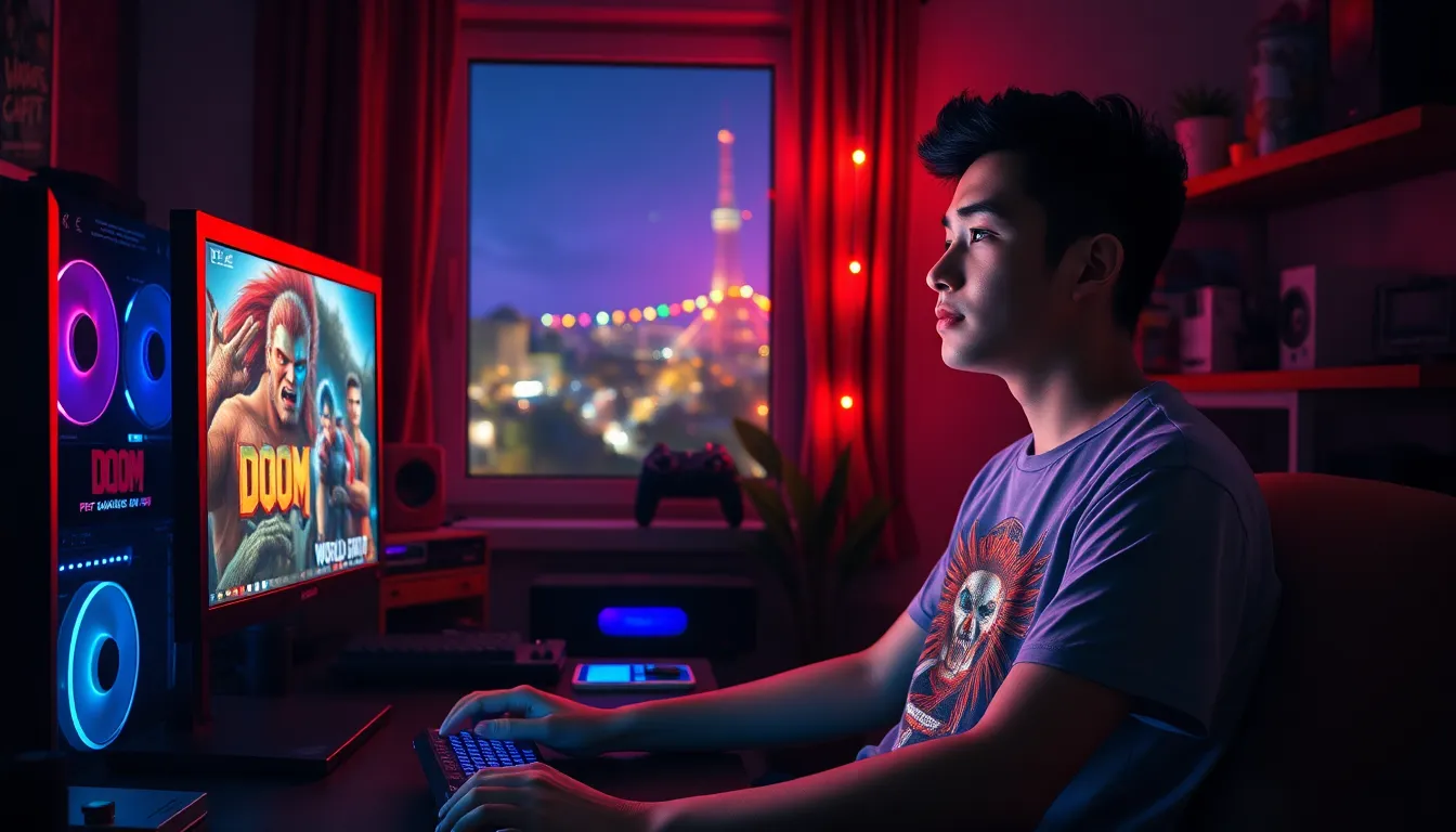 a gamer enjoying classic and modern PC games in a cozy room.