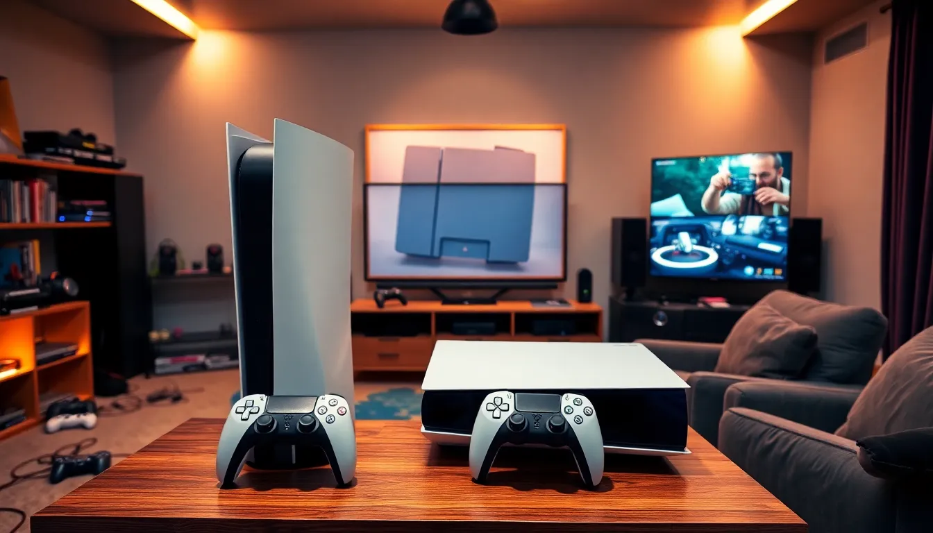 A gaming room displaying various PlayStation consoles and games over the years.
