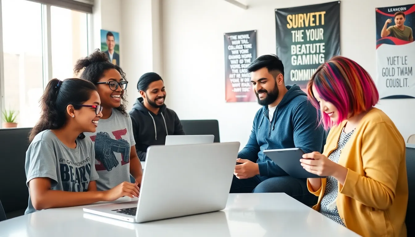 A diverse team discussing ideas in a modern office for a gaming website.