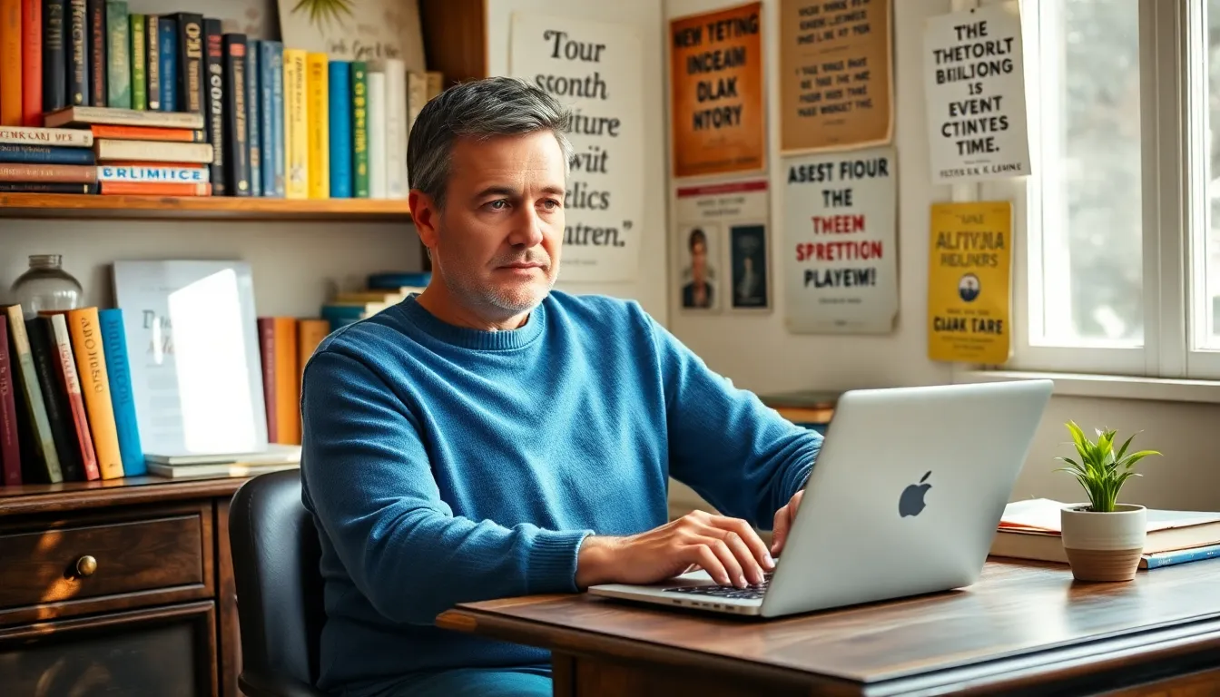 Ralmarin Helros working at his desk surrounded by books and a laptop.