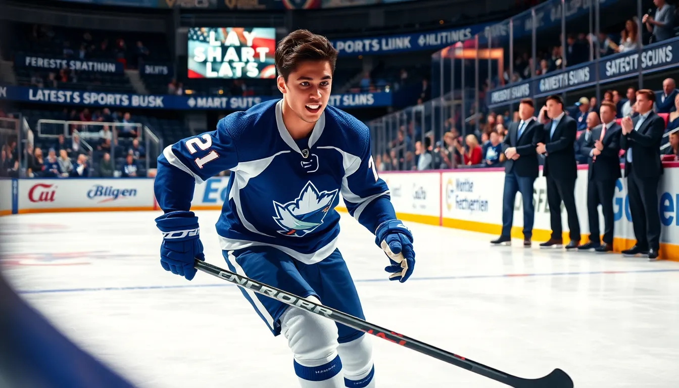 a rookie hockey player skillfully maneuvering the puck on the ice during a game.